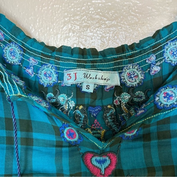 Johnny Was 3J Workshop Small Teal Plaid Embroidered Tunic Top Boho Hippie - Picture 3 of 11